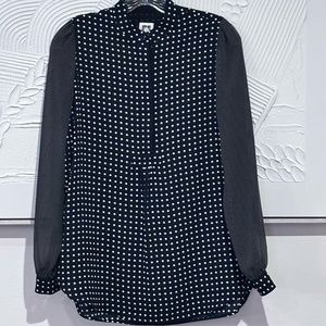 Ann Klein Women's Long Sleeve SZ XS Black w/ White Polka Dot Sheer Sleeve Blouse